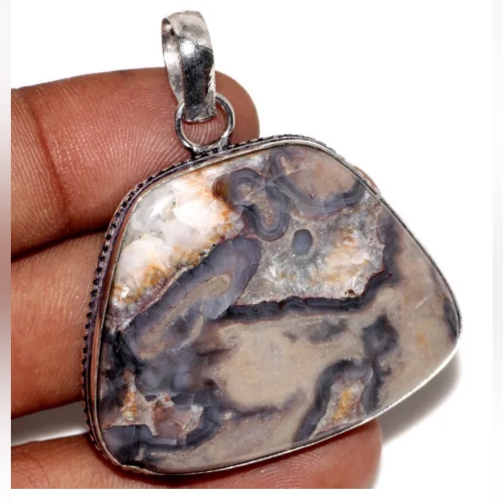 Natural Stick Agate Stone Handmade Ethnic Pendant!!!  925 Silver Plated !!!